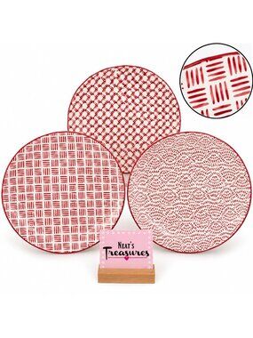 Mainstays CHIARA Red & White Geometrical Stoneware Accent Dinner Plates Set of 3